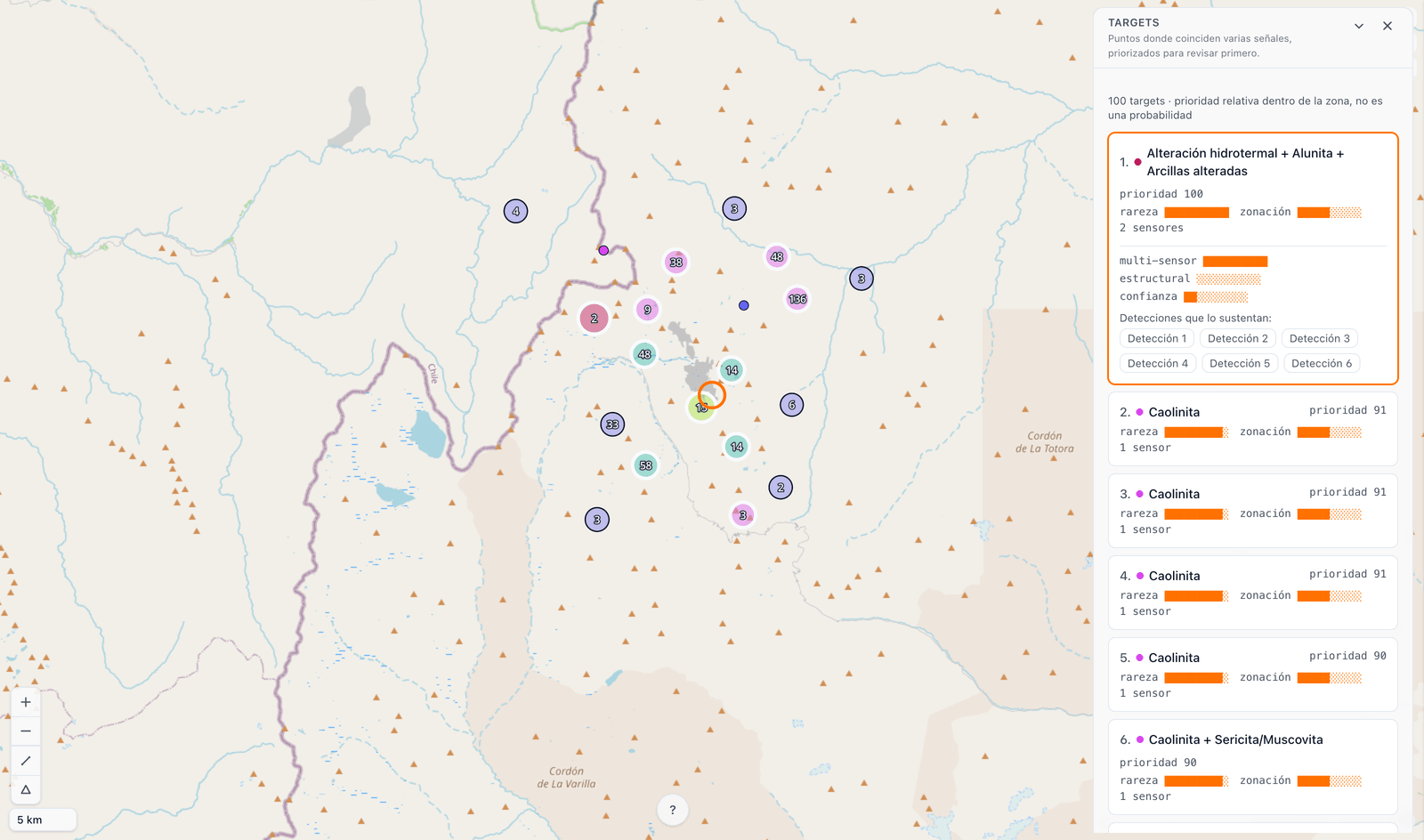 ZAHIR: mapa de la cordillera con detecciones agrupadas y panel de targets priorizados con su desglose por factor