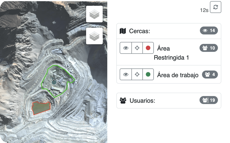 Tablero de seguimiento con cercas geográficas sobre una mina a cielo abierto
